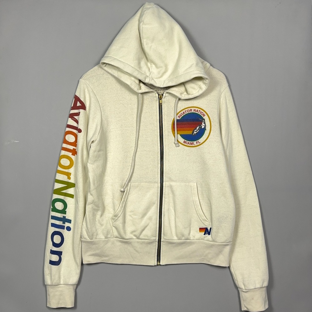 Aviator Nation Zip Up Hoodie Womens Size Small Miami Florida Cream Surf Retro